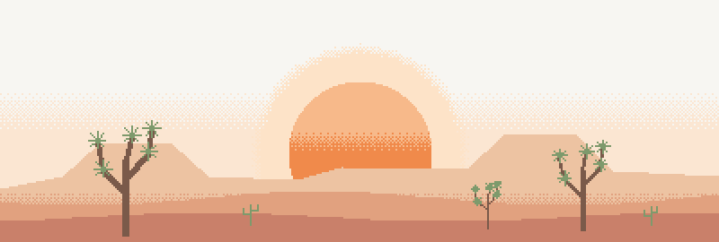 a pixel desert at sunset with joshua trees